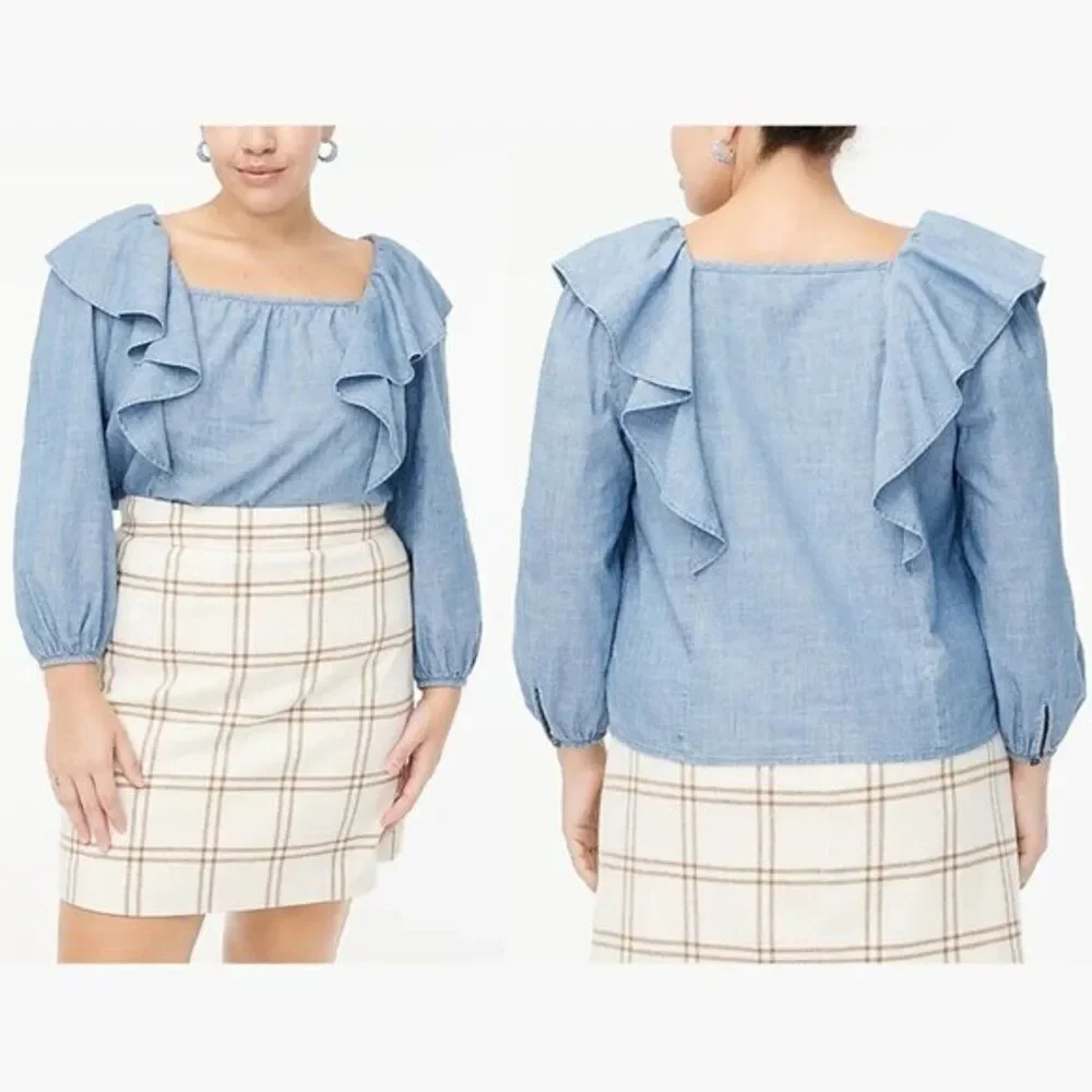 J Crew Women's Squareneck Ruffle Cottton Chambray Top